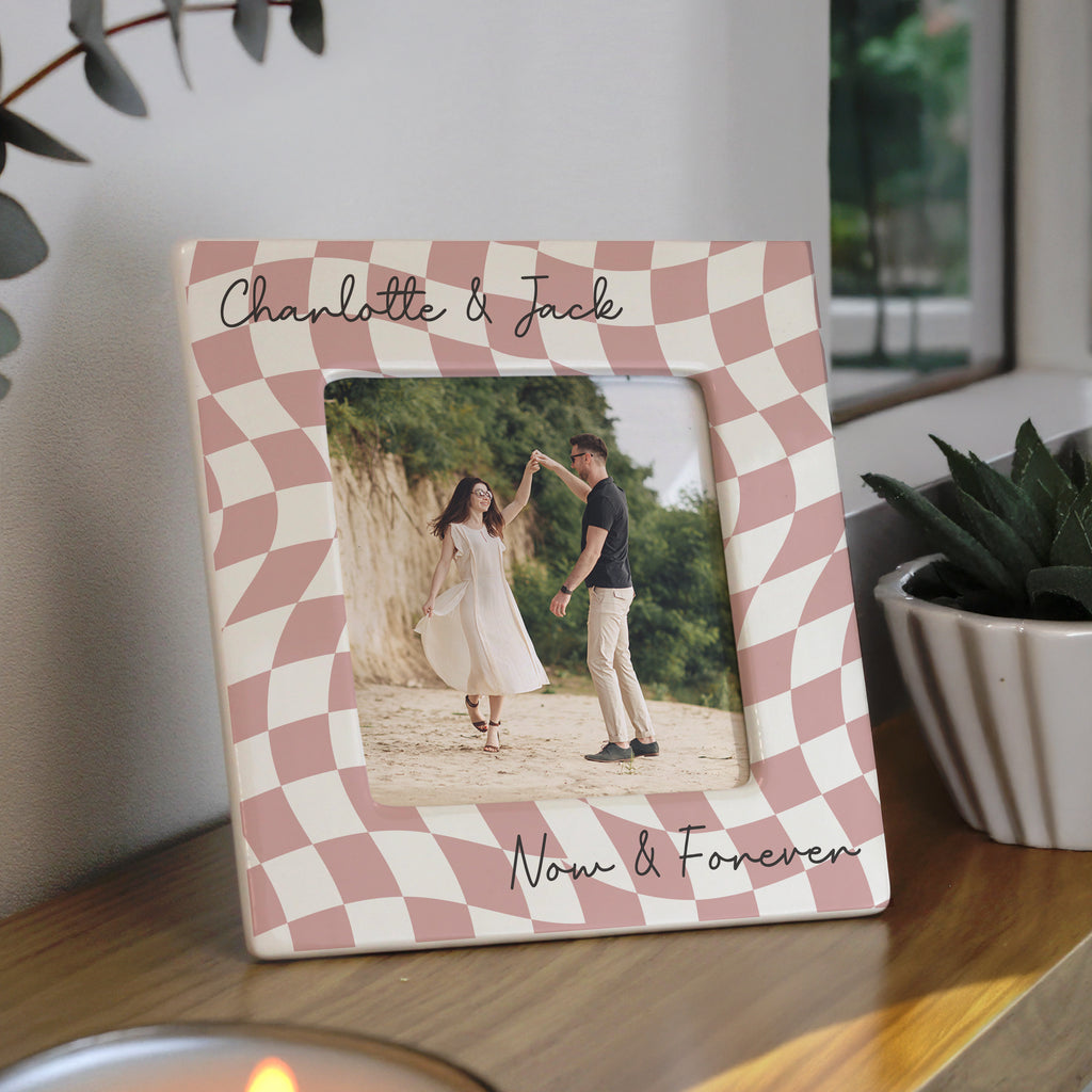 Personalised Pink Checkerboard Ceramic 4x4 Frame - Buy Photo Frames, Albums and Guestbooks at GiftMasters.co.uk