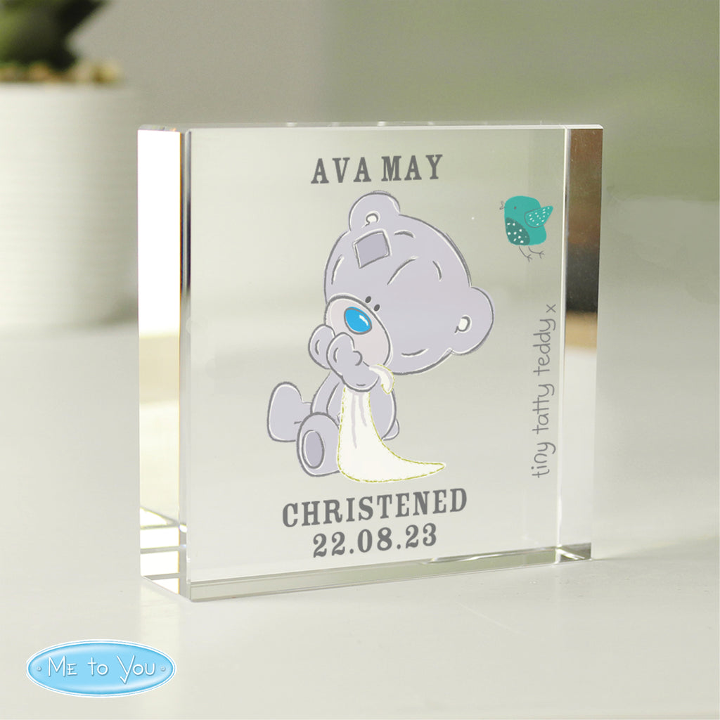 Personalised Tiny Tatty Teddy Christening Crystal Token - Buy Ornaments at GiftMasters.co.uk