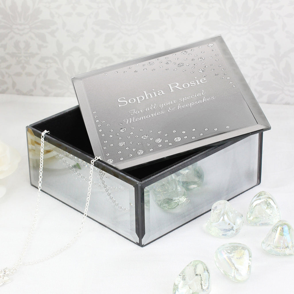 Personalised Diamante Name & Message Glass Trinket Box - Buy Trinket, Jewellery & Keepsake Boxes at GiftMasters.co.uk