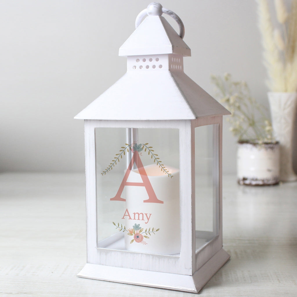 Personalised Floral Bouquet White Lantern - Buy LED Lights, Candles & Decorations at GiftMasters.co.uk