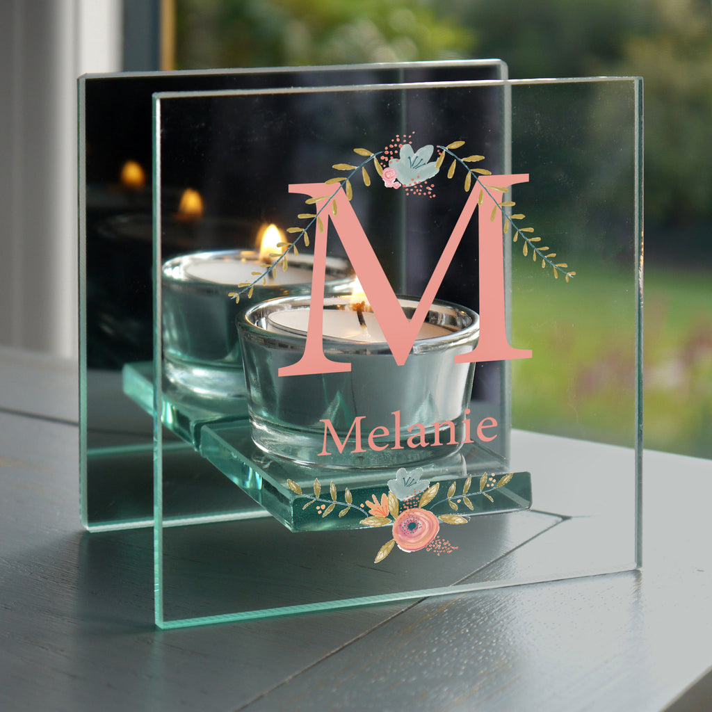 Personalised Floral Bouquet Mirrored Glass Tea Light Candle Holder - Buy Candles & Reed Diffusers at GiftMasters.co.uk