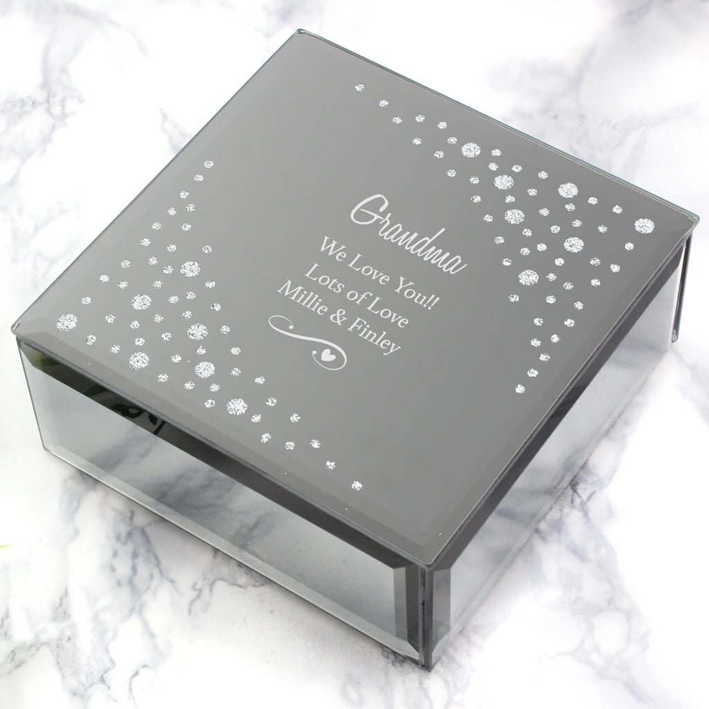 Personalised Any Message Swirls & Hearts Diamante Glass Trinket Box - Buy Trinket, Jewellery & Keepsake Boxes at GiftMasters.co.uk