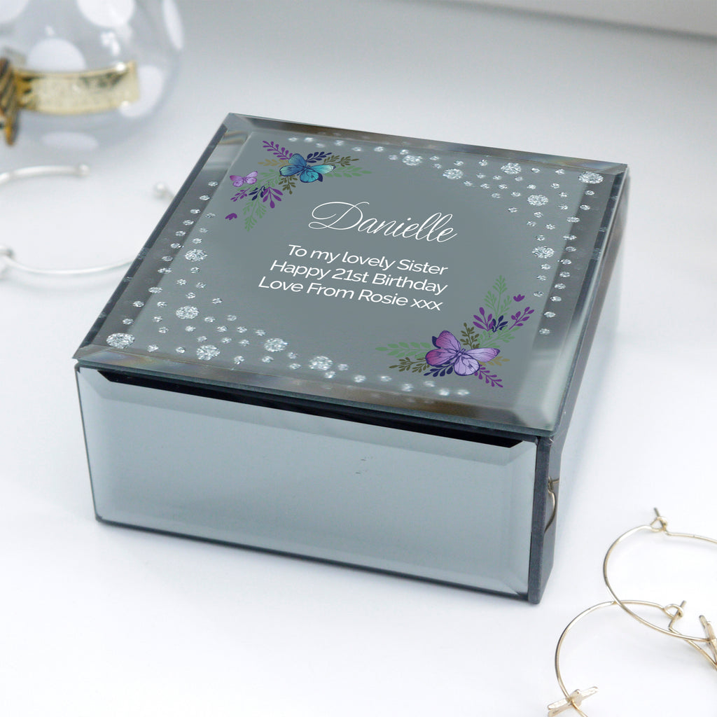 Personalised Floral Butterfly Diamante Glass Trinket Box - Buy Trinket, Jewellery & Keepsake Boxes at GiftMasters.co.uk