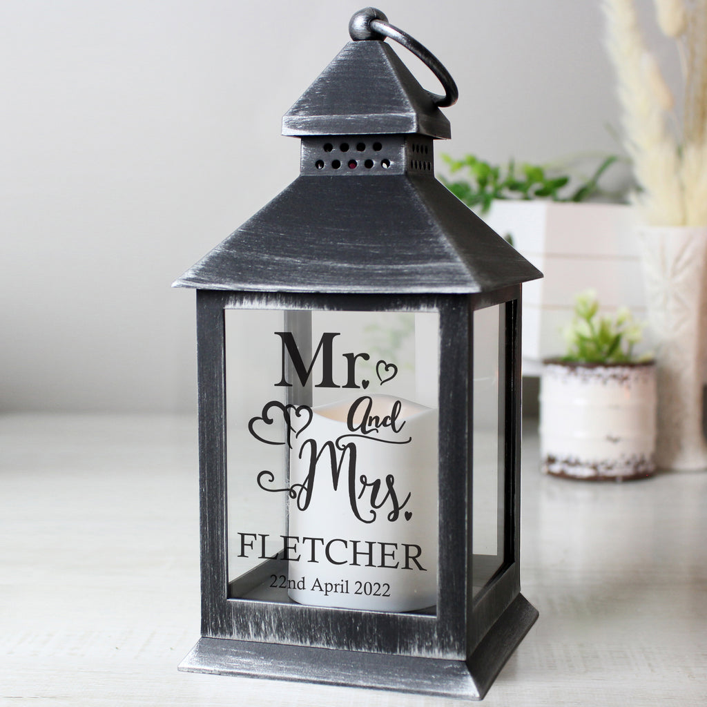 Personalised Mr and Mrs Rustic Black Lantern - Buy LED Lights, Candles & Decorations at GiftMasters.co.uk