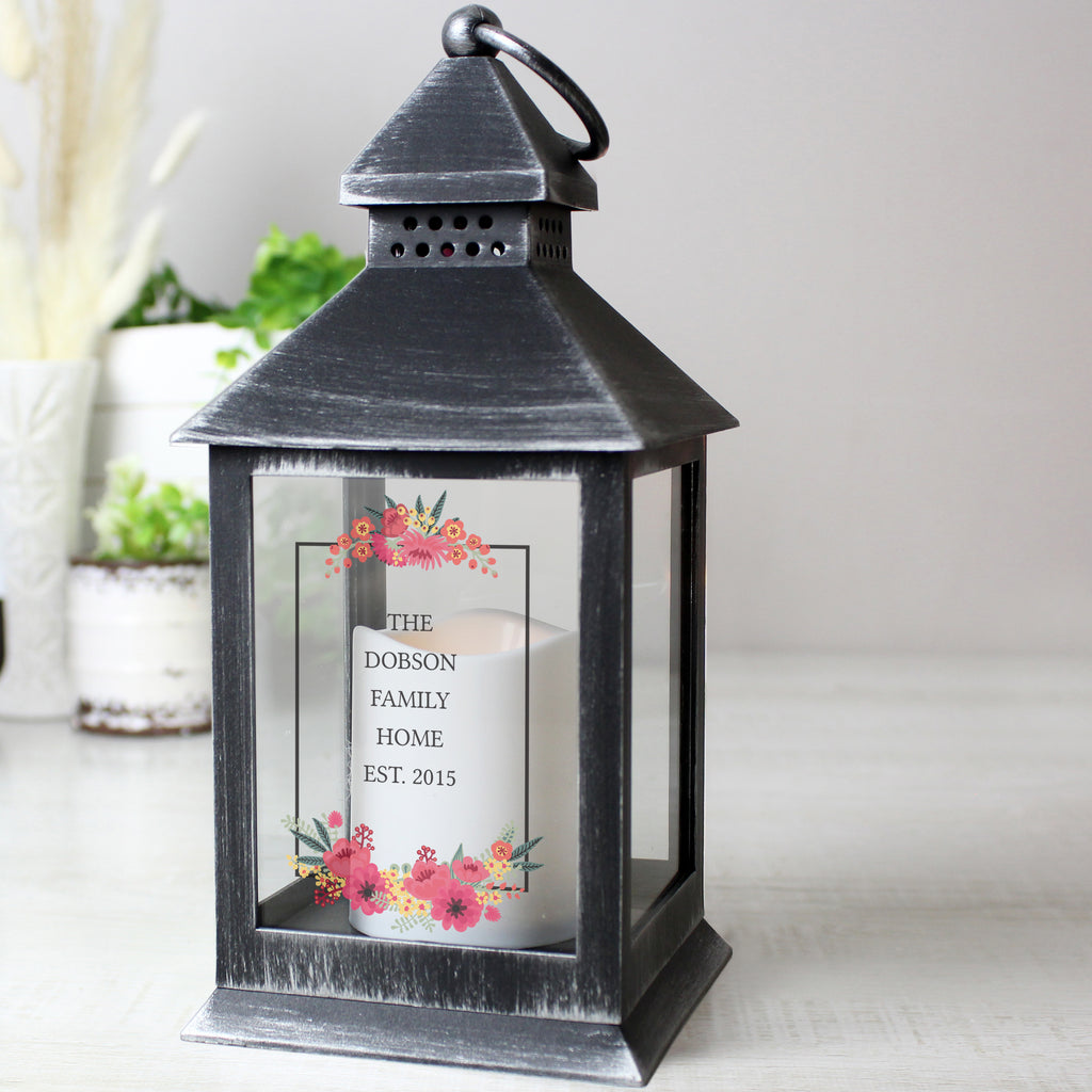 Personalised Floral Rustic Black Lantern - Buy LED Lights, Candles & Decorations at GiftMasters.co.uk
