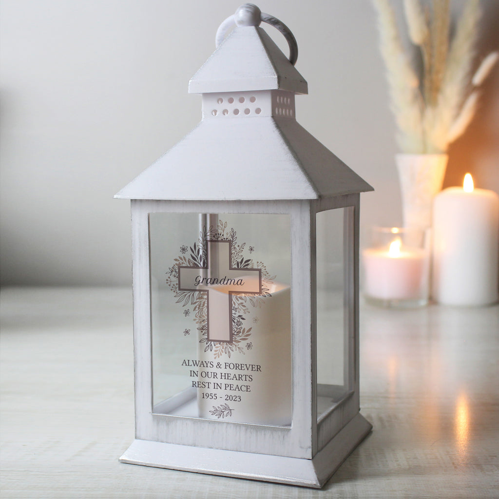 Personalised Floral Cross White Lantern - Buy LED Lights, Candles & Decorations at GiftMasters.co.uk