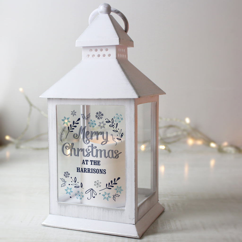 Personalised Christmas Frost White Lantern - Buy LED Lights, Candles & Decorations at GiftMasters.co.uk