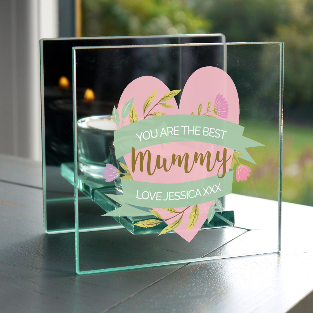 Personalised Floral Heart Mothers Day Mirrored Glass Tea Light Holder - Buy Candles & Reed Diffusers at GiftMasters.co.uk