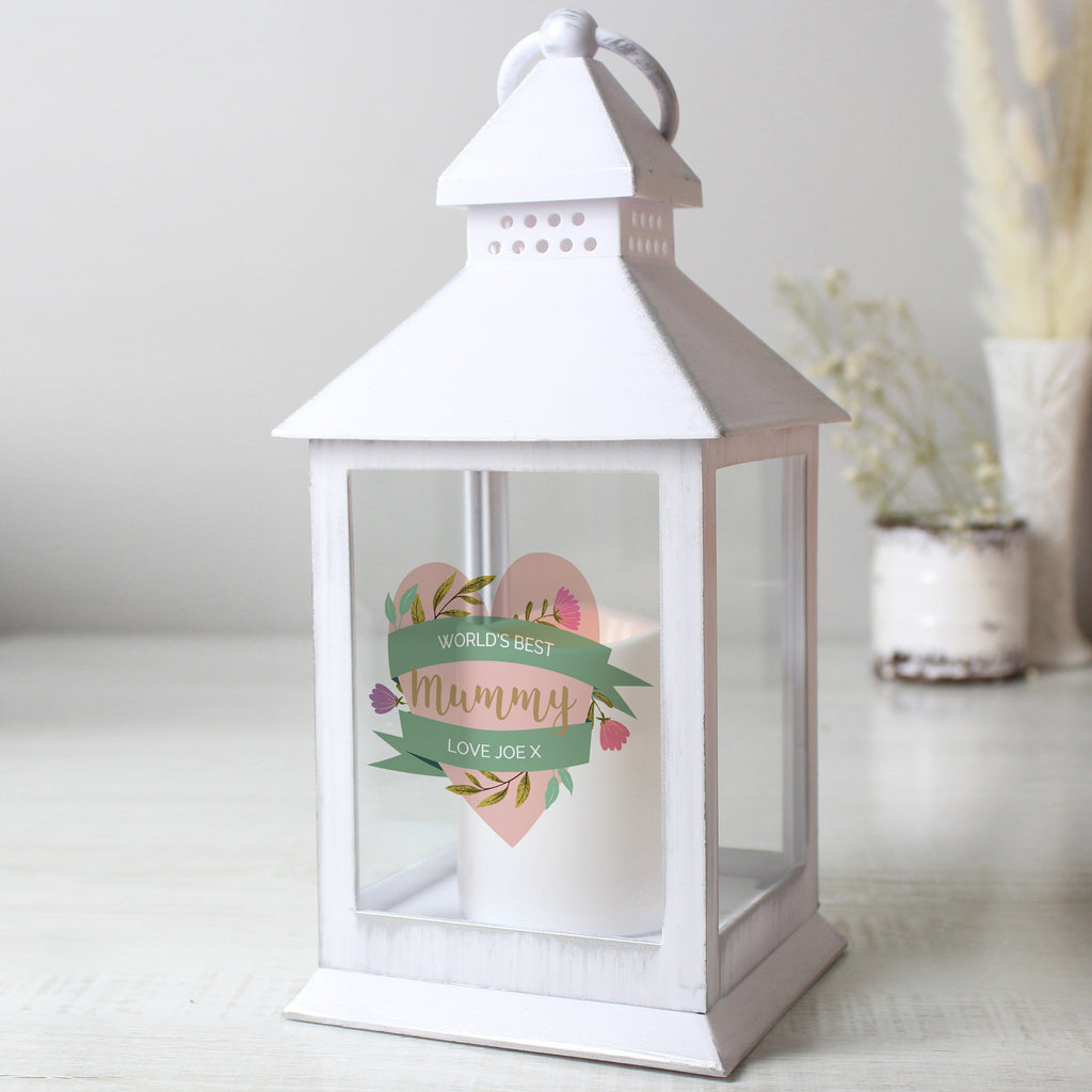 Personalised Floral Heart Mothers Day White Lantern - Buy LED Lights, Candles & Decorations at GiftMasters.co.uk