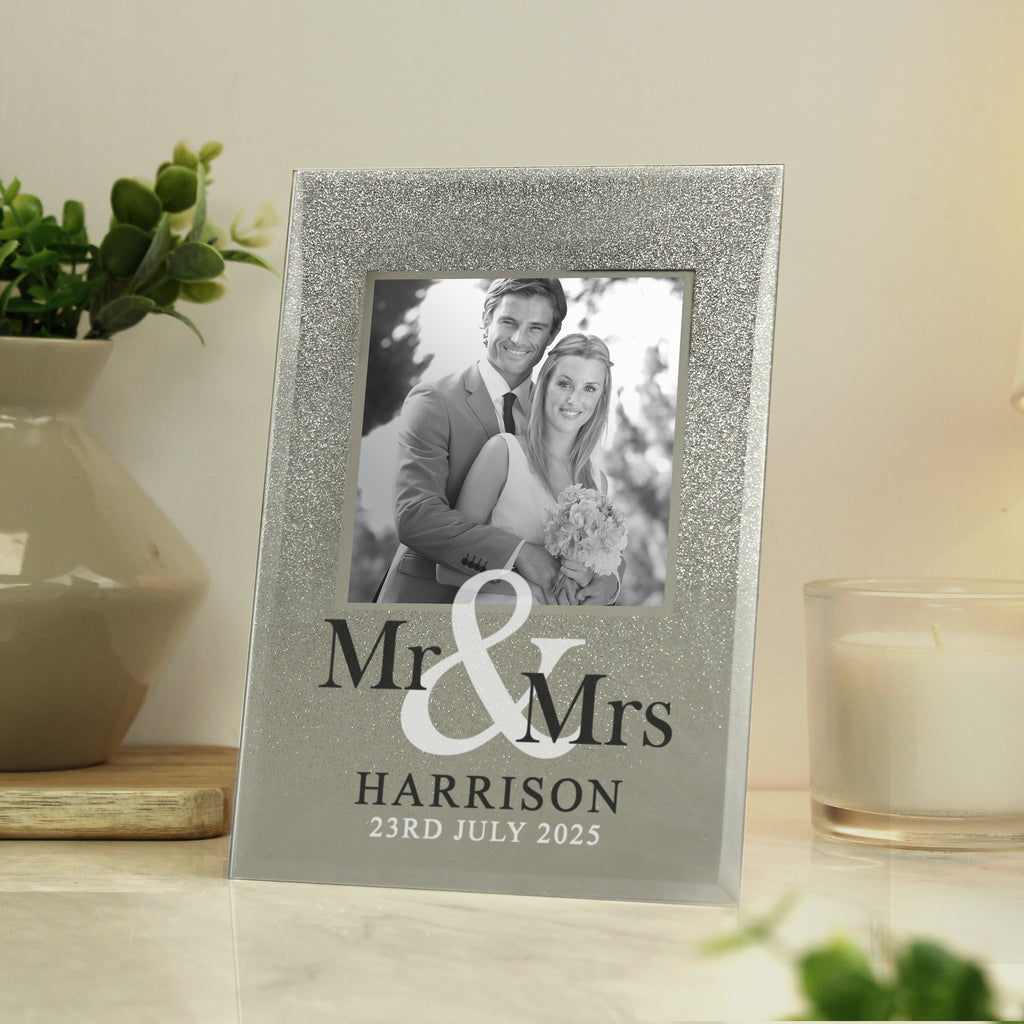 Personalised Mr & Mrs 4x4 Glitter Glass Photo Frame - Buy Photo Frames, Albums and Guestbooks at GiftMasters.co.uk