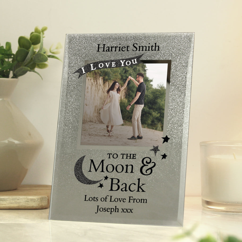 Personalised To the Moon and Back 4x4 Glitter Glass Photo Frame - Buy Photo Frames, Albums and Guestbooks at GiftMasters.co.uk