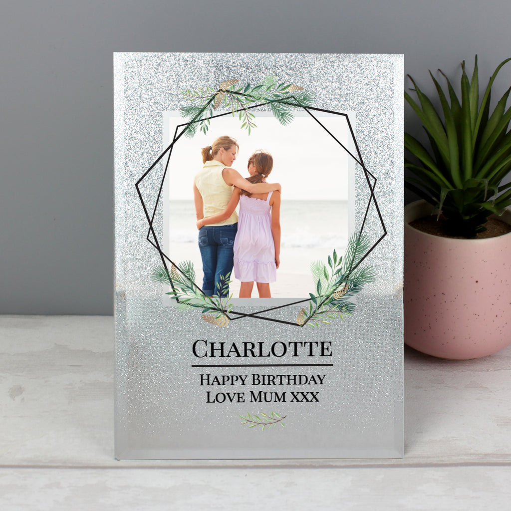 Personalised Geo Leaves 4x4 Glitter Glass Photo Frame - Buy Photo Frames, Albums and Guestbooks at GiftMasters.co.uk