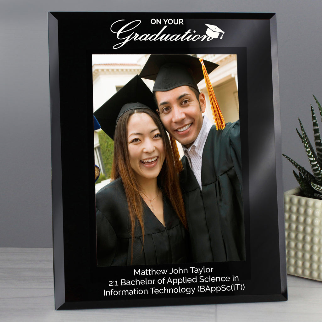 Personalised Graduation Black Glass 5x7 Photo Frame - Buy Photo Frames, Albums and Guestbooks at GiftMasters.co.uk