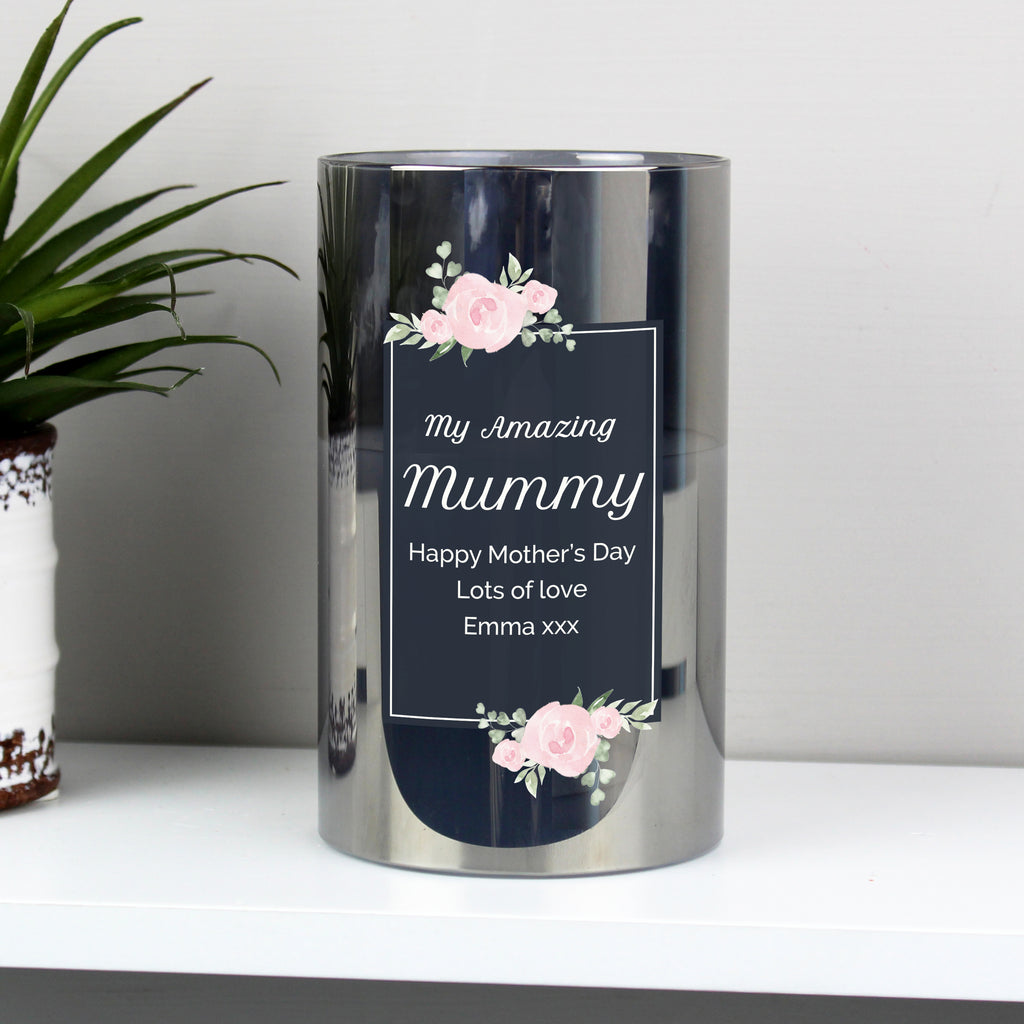 Personalised Floral Smoked Glass LED Candle - Buy LED Lights, Candles & Decorations at GiftMasters.co.uk