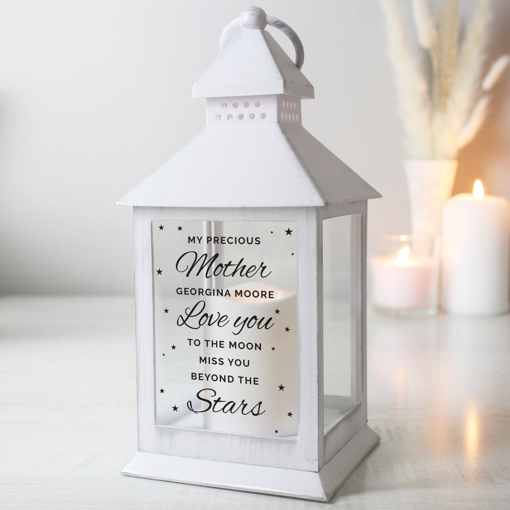 Personalised 'Miss You Beyond The Stars' White Lantern - Buy LED Lights, Candles & Decorations at GiftMasters.co.uk