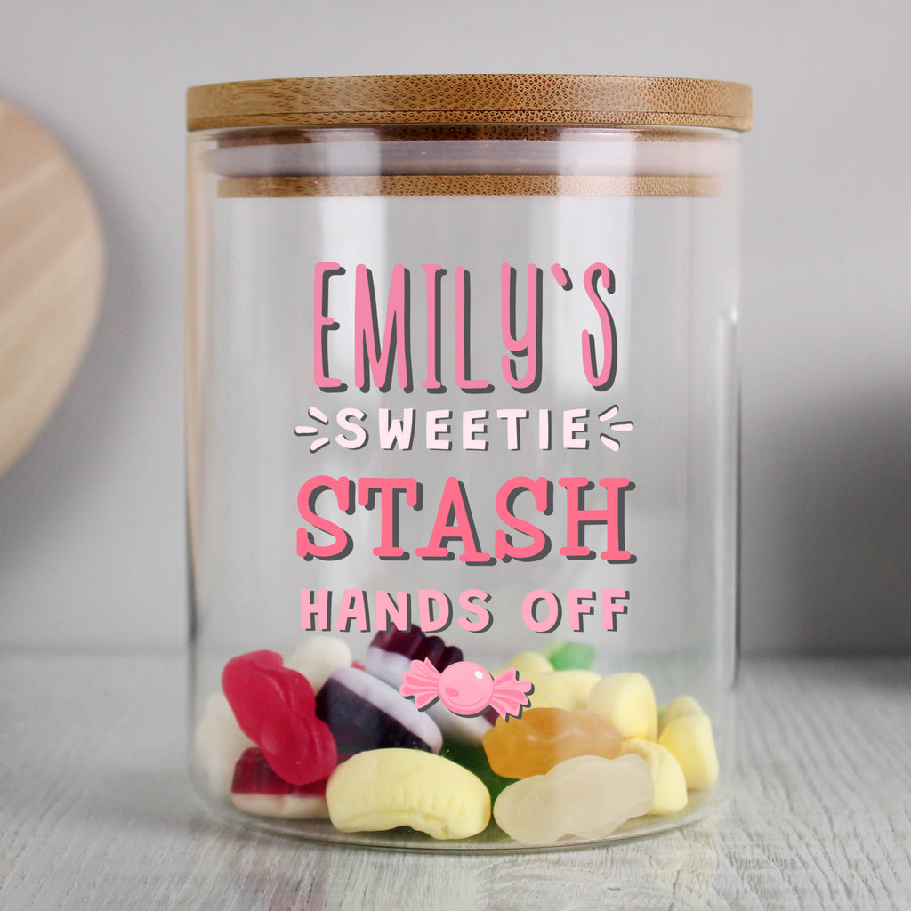 Personalised Sweetie Stash Glass Jar with Bamboo Lid - Buy Storage at GiftMasters.co.uk