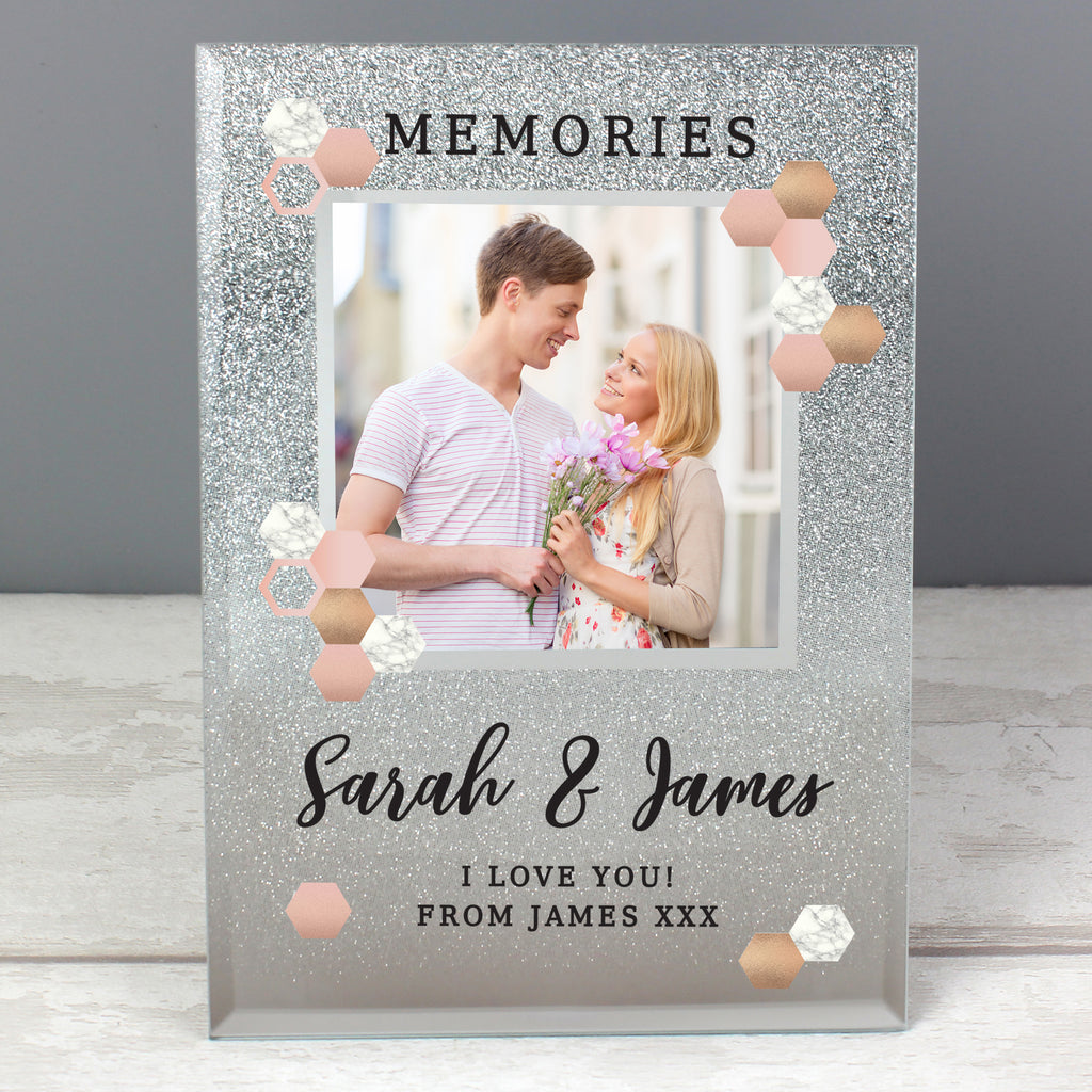 Personalised Cute Hexagon Design 4x4 Glitter Glass Photo Frame - Buy Photo Frames, Albums and Guestbooks at GiftMasters.co.uk