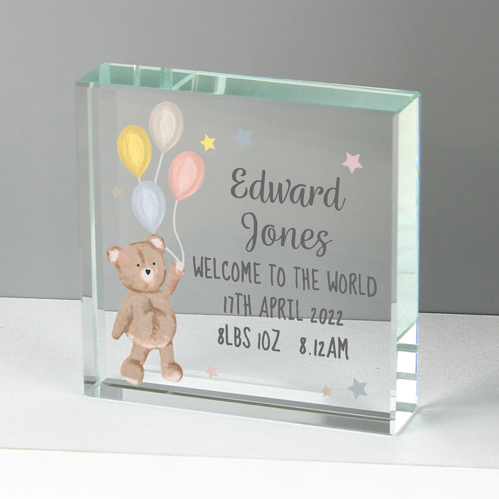 Personalised Teddy & Balloons Crystal Token - Buy Keepsakes at GiftMasters.co.uk