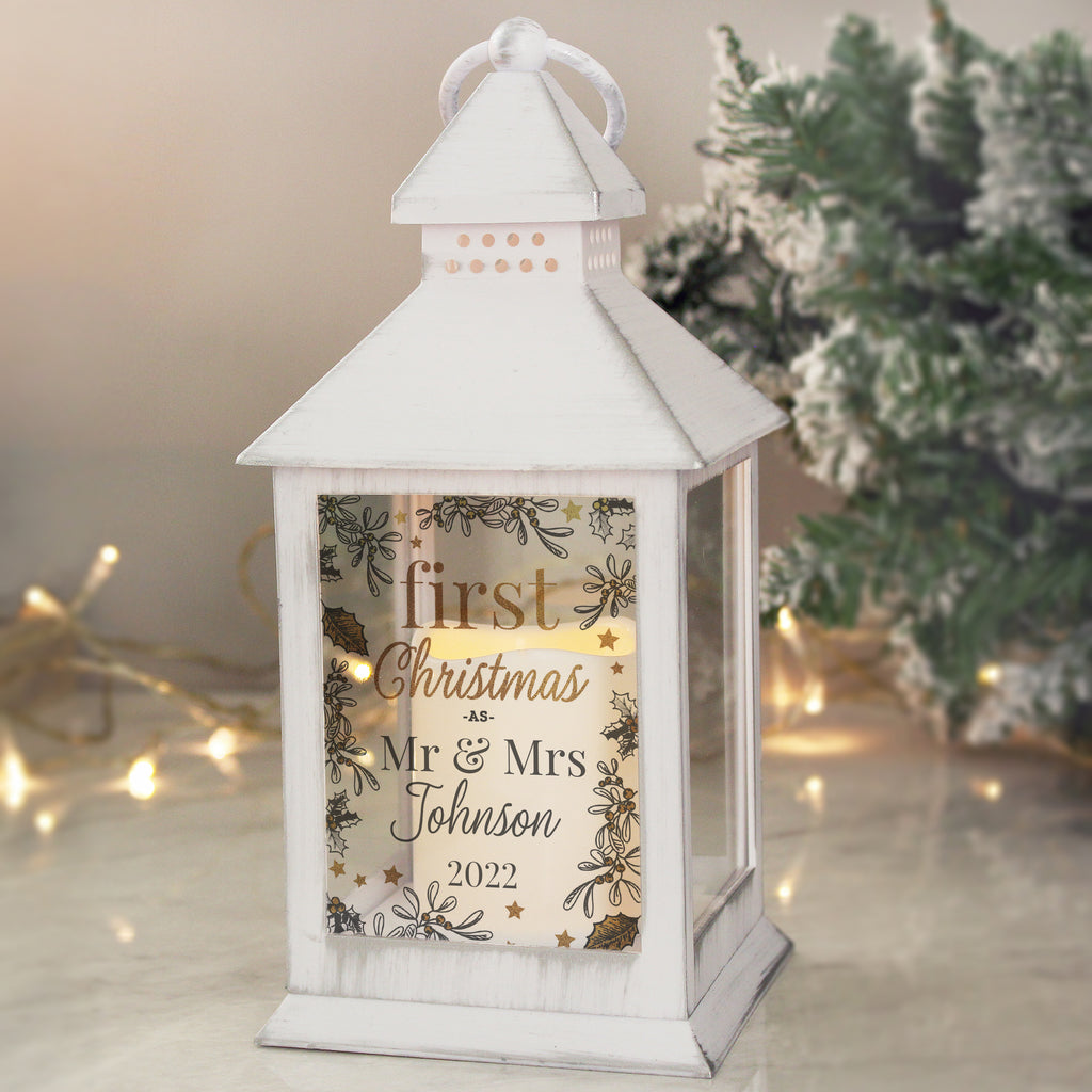Personalised First Christmas White Lantern - Buy LED Lights, Candles & Decorations at GiftMasters.co.uk