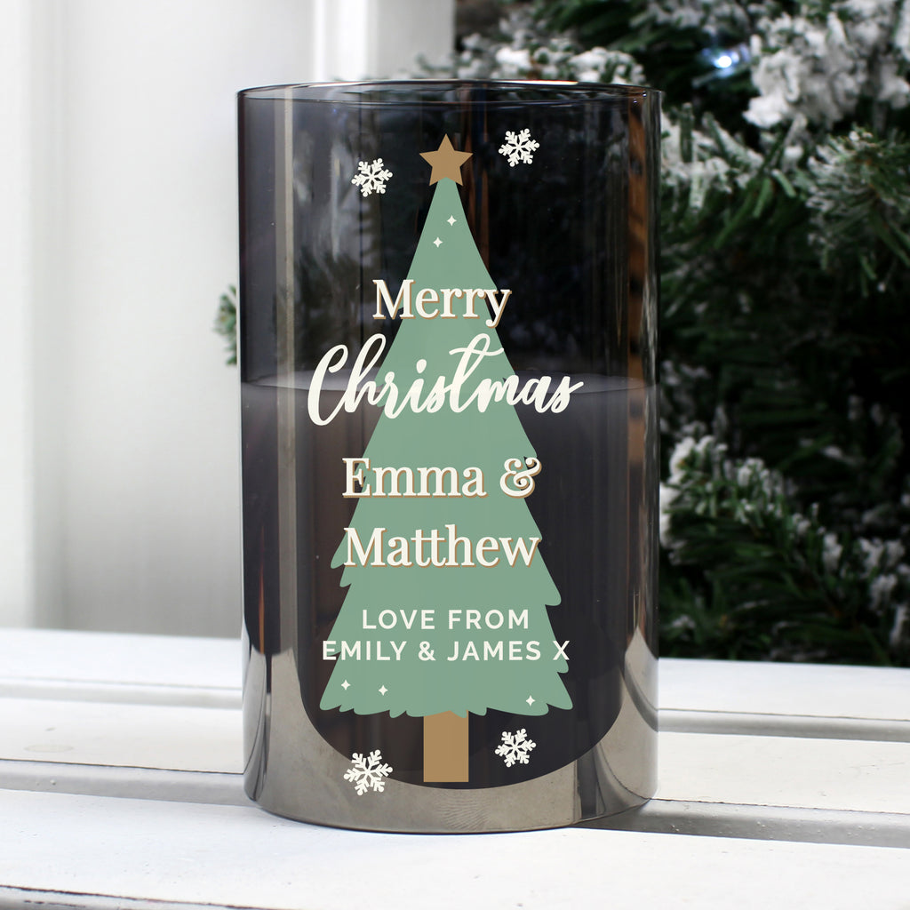 Personalised Christmas Tree Smoked Glass LED Candle - Buy LED Lights, Candles & Decorations at GiftMasters.co.uk