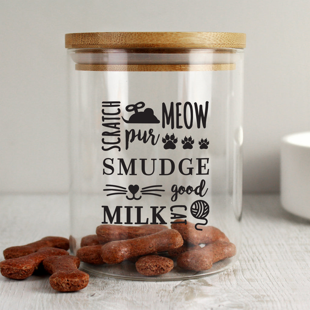 Personalised Glass Cat Treat jar with Bamboo Lid - Buy Pet Gifts at GiftMasters.co.uk