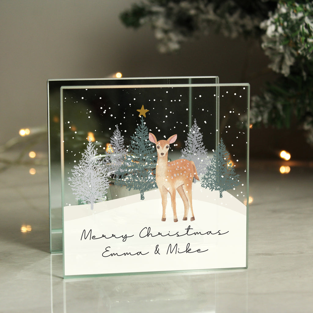 Personalised Christmas Deer Glass Tea Light Candle Holder - Buy Candles & Reed Diffusers at GiftMasters.co.uk