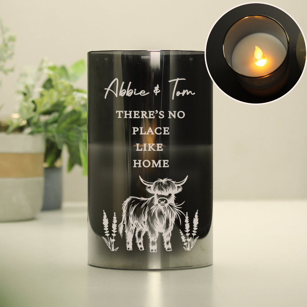 Personalised Highland Cow Glass LED Candle - Buy LED Lights, Candles & Decorations at GiftMasters.co.uk