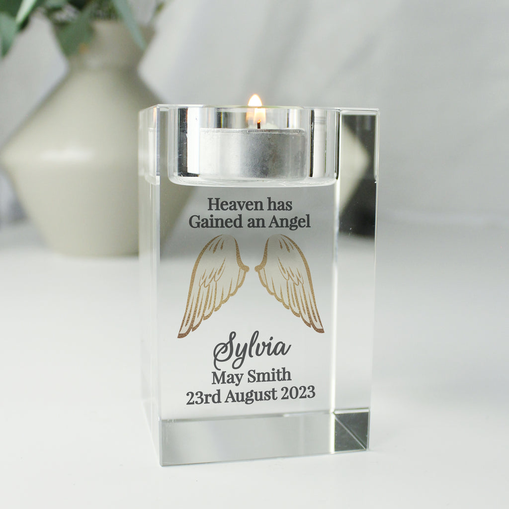 Personalised Angel Wings Memorial Glass Tealight Holder - Buy Candles & Reed Diffusers at GiftMasters.co.uk
