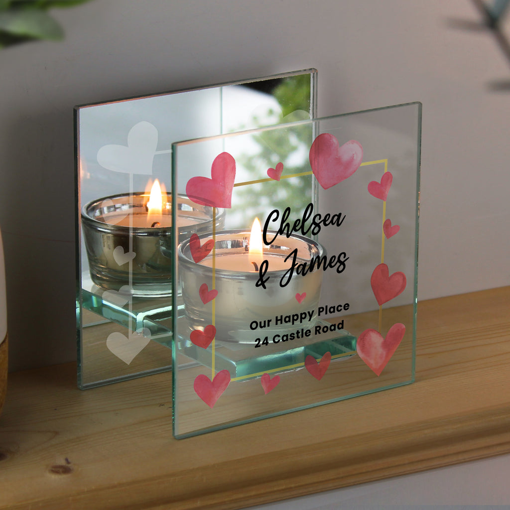 Personalised Hearts Mirrored Glass Tealight Holder - Buy Candles & Reed Diffusers at GiftMasters.co.uk