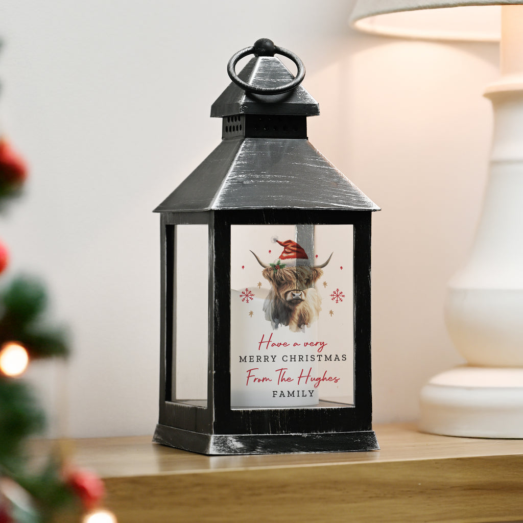 Personalised Highland Cow Christmas LED Lantern - Buy LED Lights, Candles & Decorations at GiftMasters.co.uk