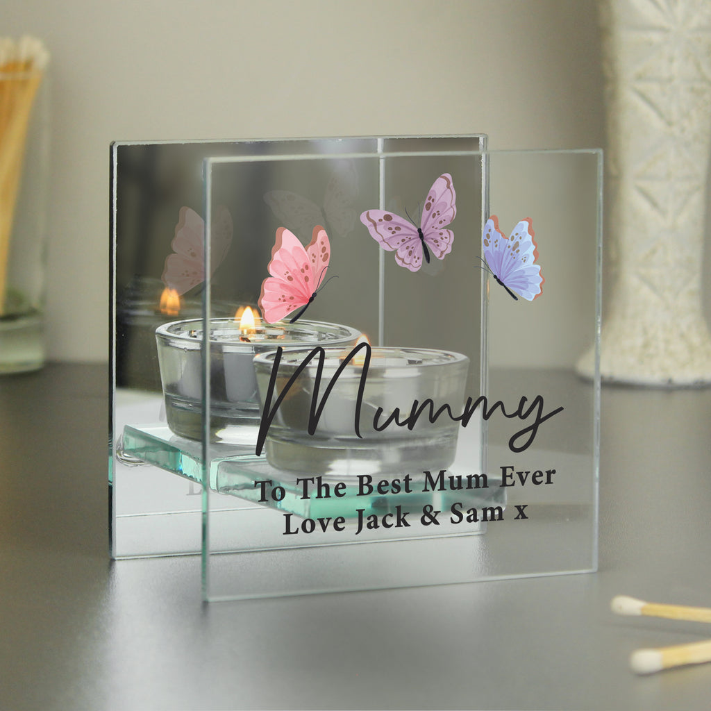 Personalised Butterfly Mirrored Tealight Holder - Buy Candles & Reed Diffusers at GiftMasters.co.uk