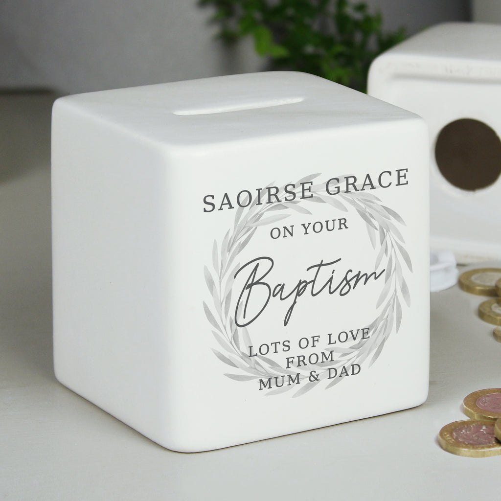 Personalised Wreath Ceramic Square Money Box - Buy Money Boxes at GiftMasters.co.uk