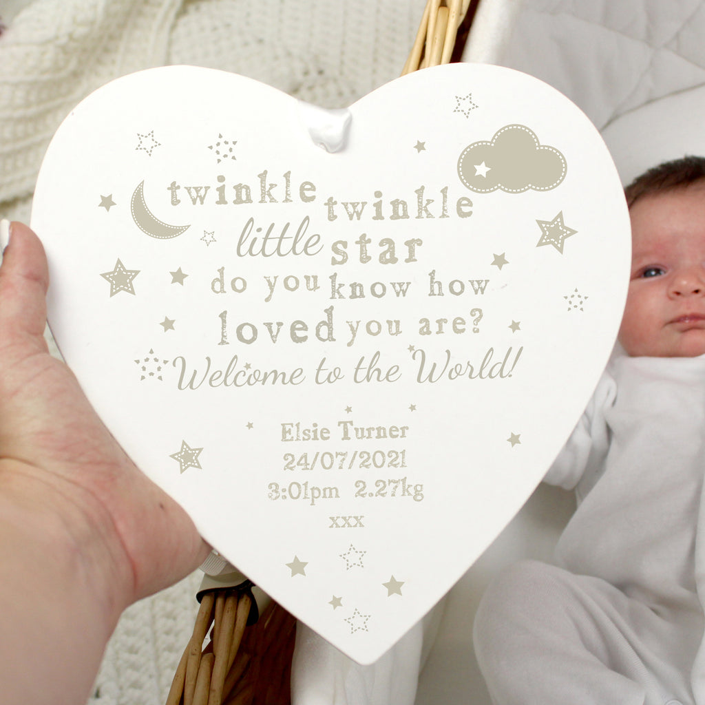 Personalised Twinkle Twinkle Large Wooden Heart Decoration - Buy Hanging Decorations & Signs at GiftMasters.co.uk