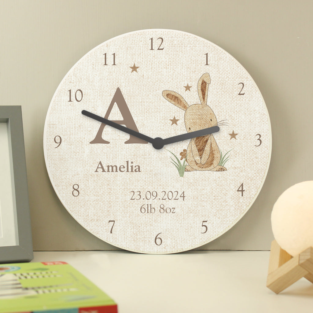 Personalised Hessian Rabbit Shabby Chic Large Wooden Clock - Buy Clocks & Watches at GiftMasters.co.uk