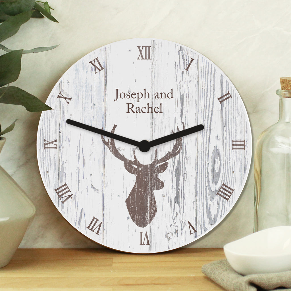 Personalised Highland Stag Shabby Chic Wooden Clock - Buy Clocks & Watches at GiftMasters.co.uk