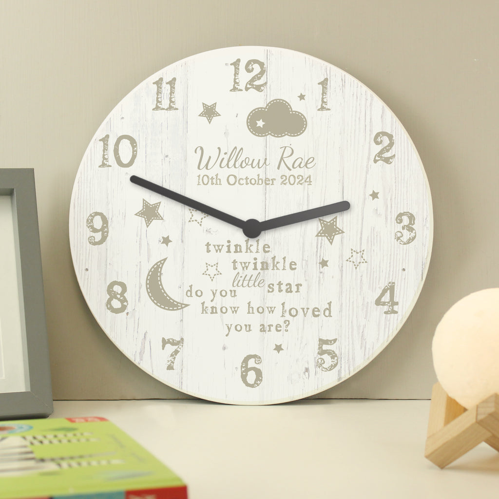 Personalised Twinkle Twinkle Shabby Chic Large Wooden Clock - Buy Clocks & Watches at GiftMasters.co.uk