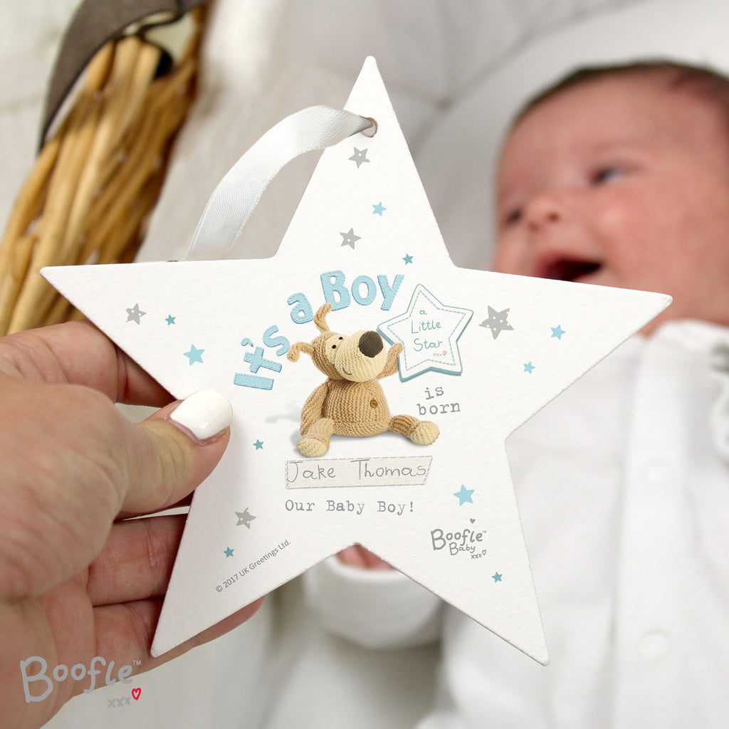 Personalised Boofle Its a Boy Wooden Star Decoration - Buy Hanging Decorations & Signs at GiftMasters.co.uk