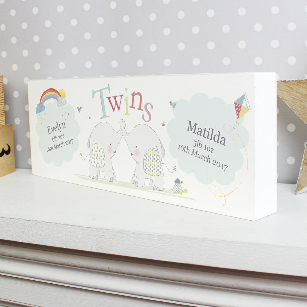 Personalised Hessian Elephant Twins Wooden Mantel Decoration - Buy Hanging Decorations & Signs at GiftMasters.co.uk