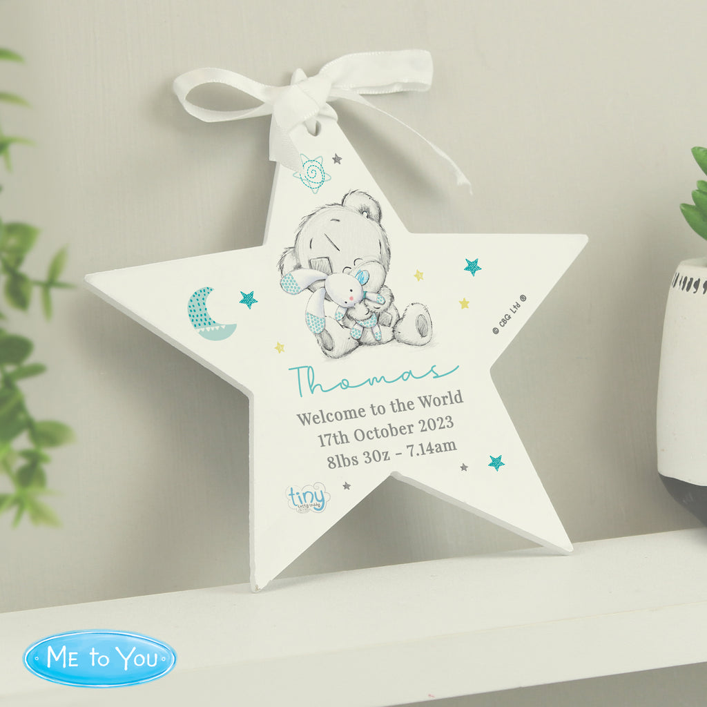 Personalised Tiny Tatty Teddy Blue Wooden Star Decoration - Buy Hanging Decorations & Signs at GiftMasters.co.uk