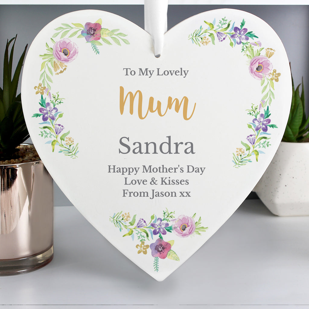 Personalised Any Role 'Floral Watercolour' Large Wooden Heart Decoration - Buy Hanging Decorations & Signs at GiftMasters.co.uk