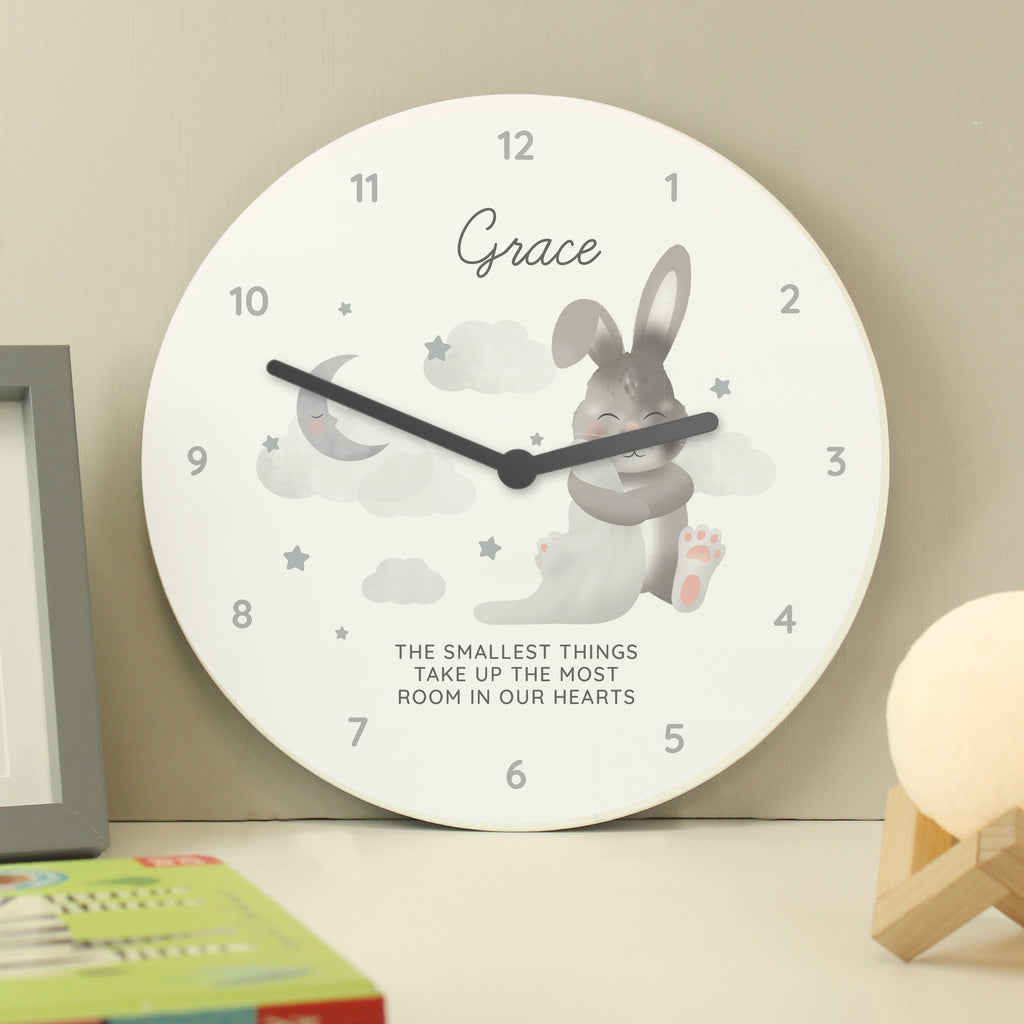 Personalised Baby Bunny White Wooden Clock - Buy Clocks & Watches at GiftMasters.co.uk