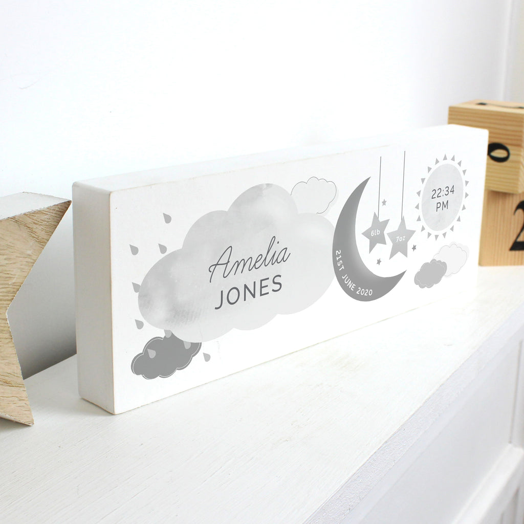 Personalised New Baby Moon & Stars Wooden Mantel Decoration - Buy Hanging Decorations & Signs at GiftMasters.co.uk
