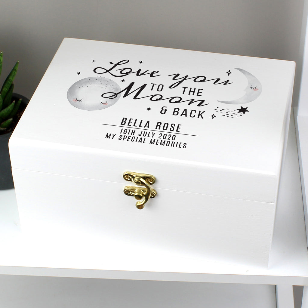 Personalised Baby To The Moon and Back White Wooden Keepsake Box - Buy Wooden at GiftMasters.co.uk