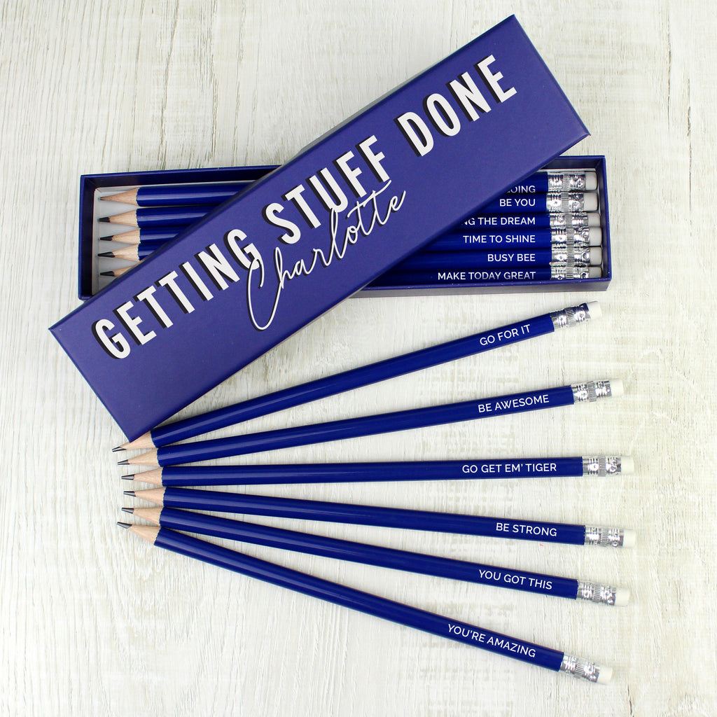 Personalised Getting Stuff Done Box and 12 Blue HB Pencils - Buy Stationery & Pens at GiftMasters.co.uk