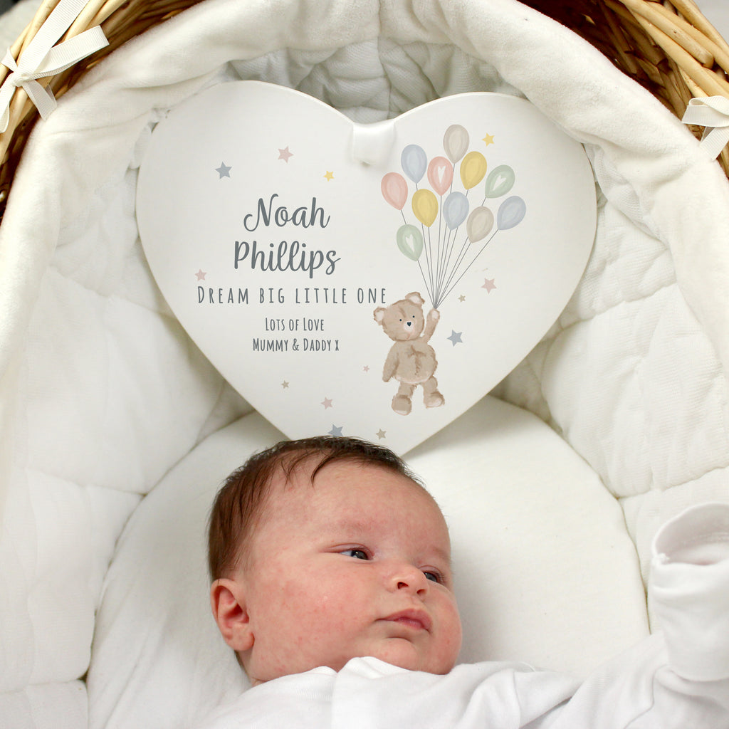 Personalised Teddy & Balloons White Wooden Heart - Buy Hanging Decorations & Signs at GiftMasters.co.uk
