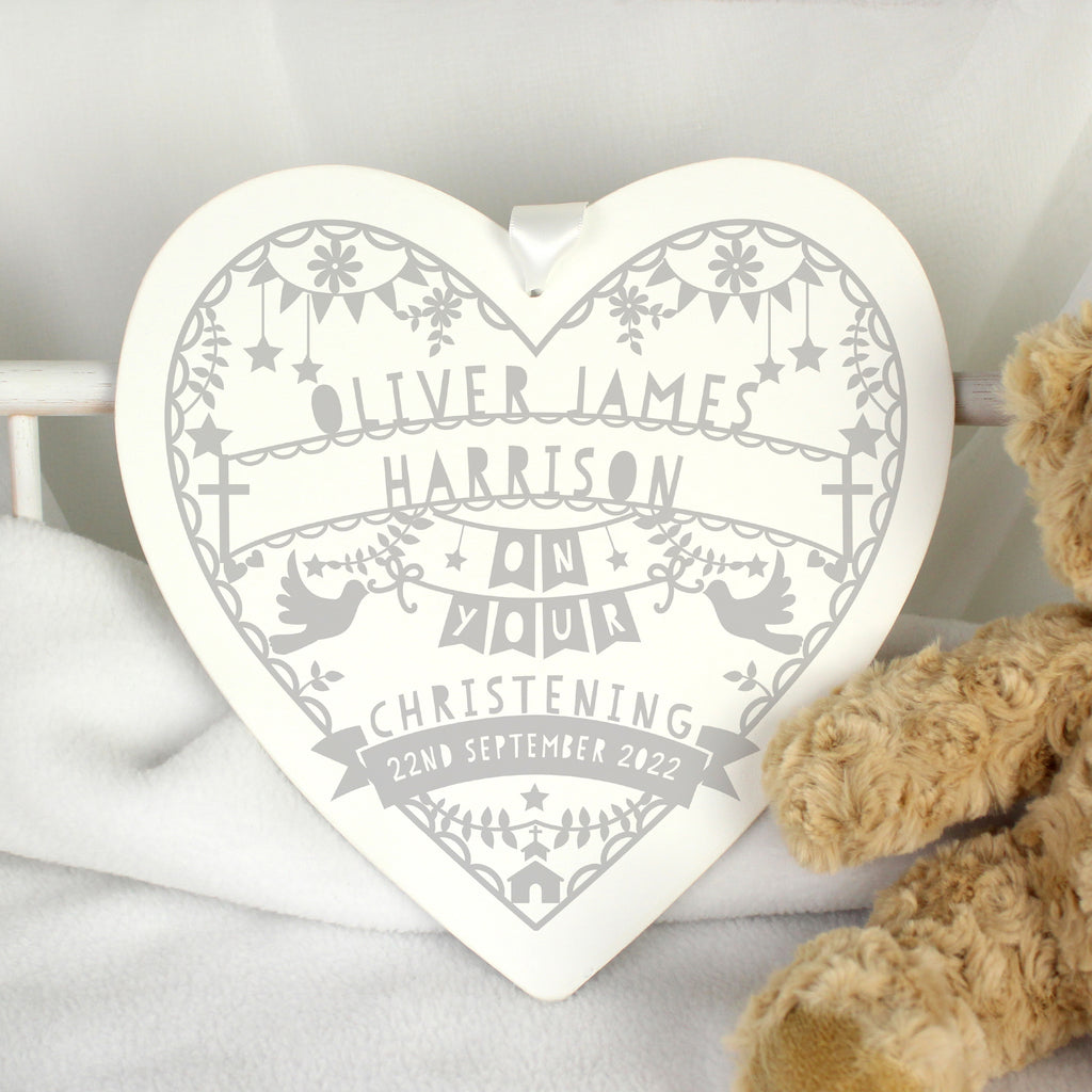 Personalised Grey Papercut Style Large Wooden Heart - Buy Hanging Decorations & Signs at GiftMasters.co.uk