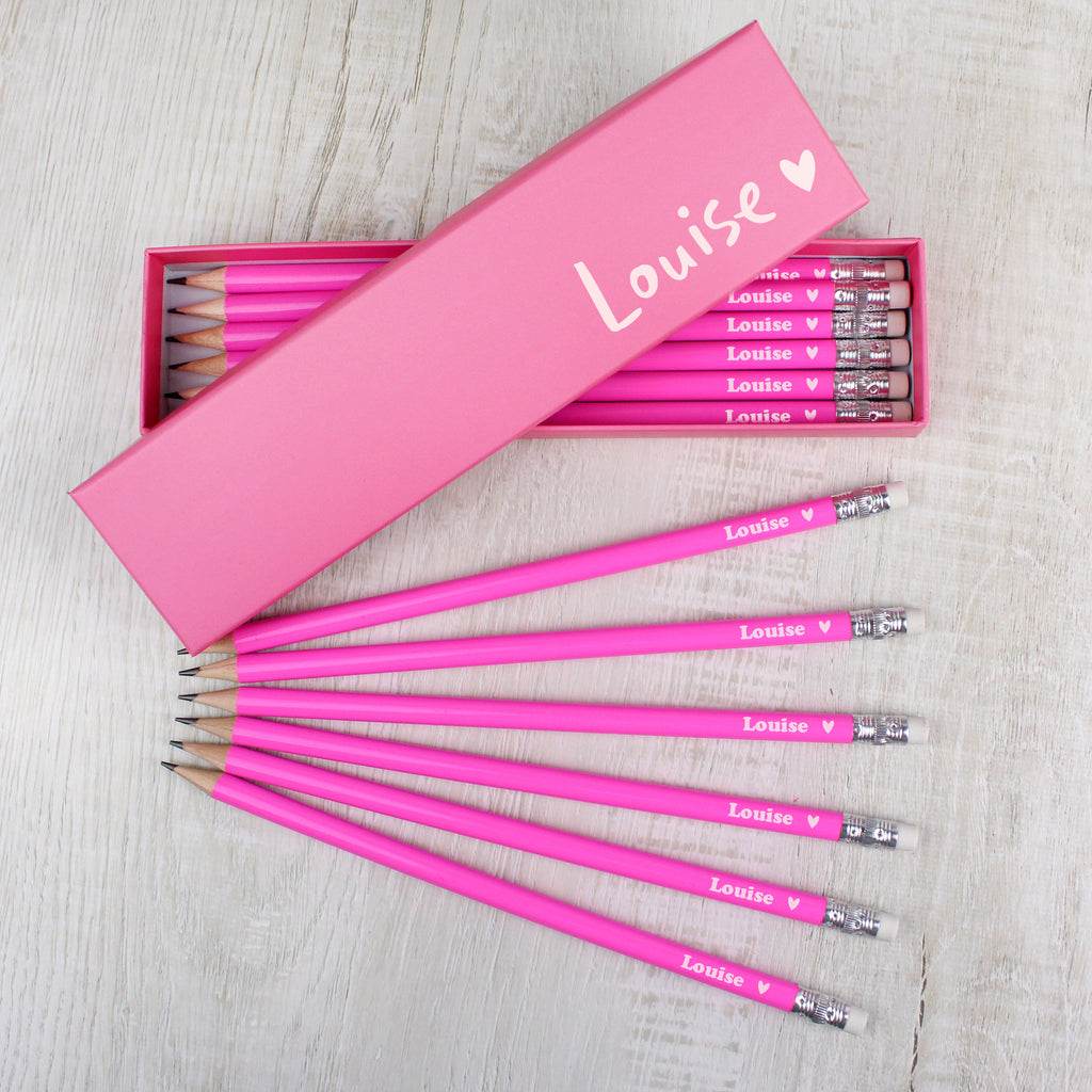 Personalised Heart Box and 12 Pink HB Pencils - Buy Stationery & Pens at GiftMasters.co.uk
