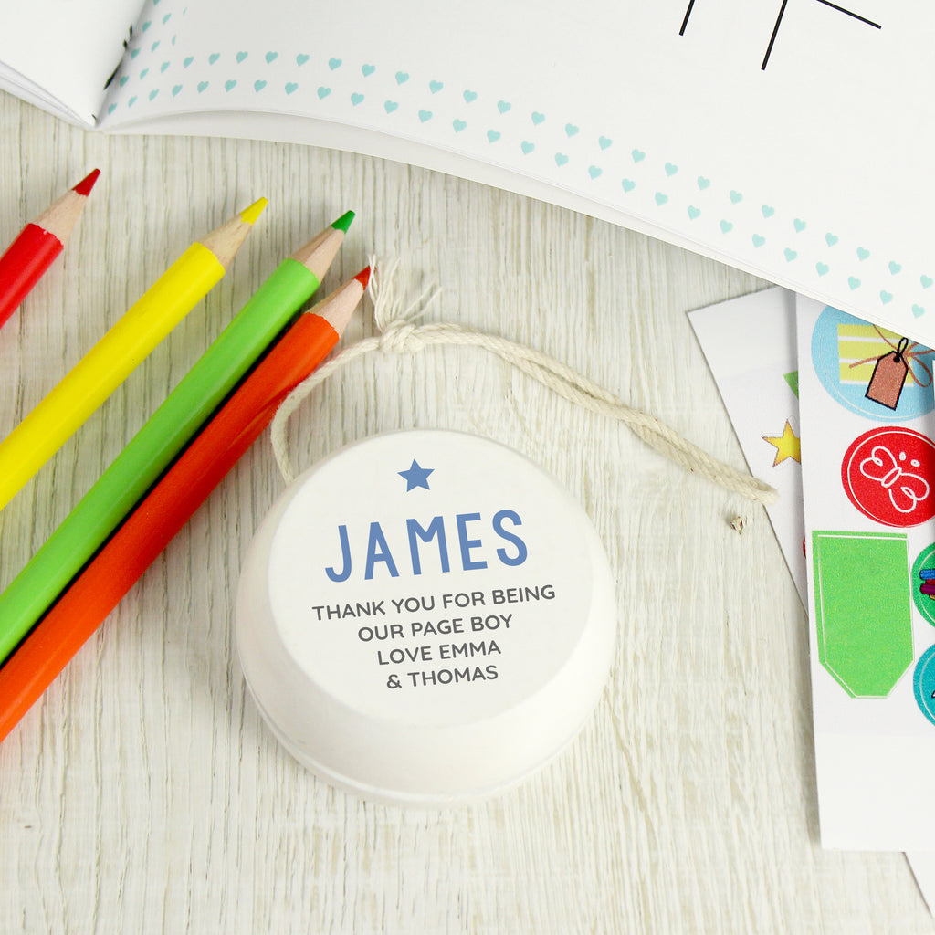 Personalised Blue Star White Wooden Yoyo - Buy Keepsakes at GiftMasters.co.uk