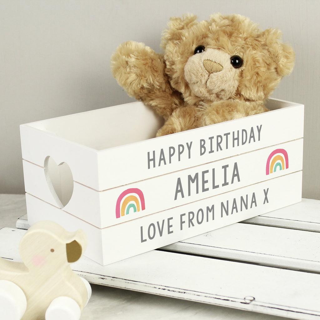 Personalised Rainbow White Wooden Crate - Buy Wooden at GiftMasters.co.uk