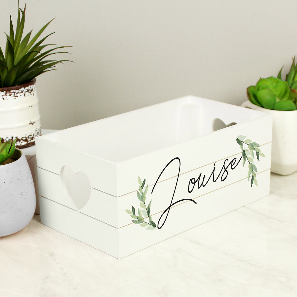 Personalised Name Only Botanical White Wooden Crate - Buy Storage at GiftMasters.co.uk